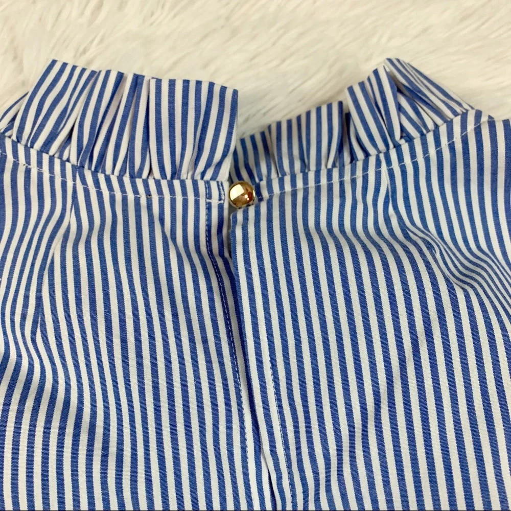J Crew Long-sleeve ruffleneck top in stripe‎ high neck puff sleeves